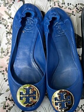 Tory Burch Royal Blue Leather Logo Ballet Flats